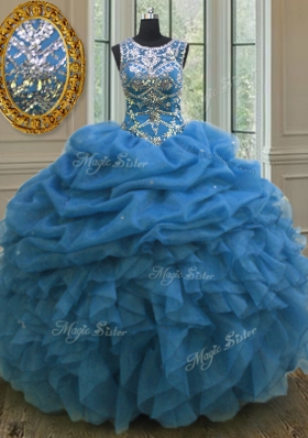 Classical Blue Scoop Neckline Beading and Ruffles and Pick Ups Quinceanera Dresses Sleeveless Lace Up