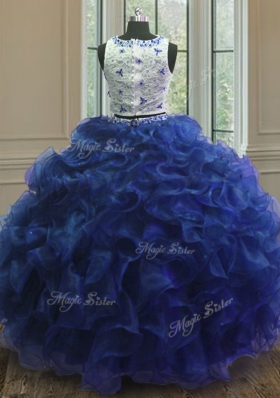 Custom Design Royal Blue Scoop Neckline Appliques and Ruffles Quinceanera Gowns Sleeveless Clasp Handle