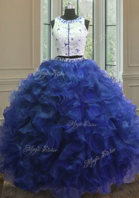 Custom Design Royal Blue Scoop Neckline Appliques and Ruffles Quinceanera Gowns Sleeveless Clasp Handle