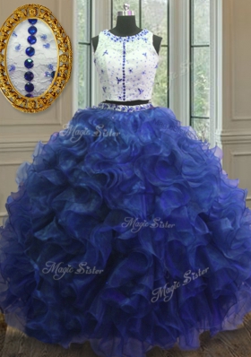 Custom Design Royal Blue Scoop Neckline Appliques and Ruffles Quinceanera Gowns Sleeveless Clasp Handle
