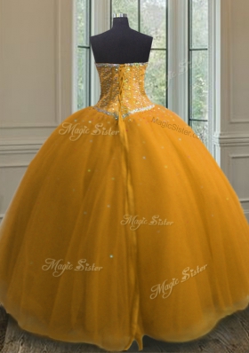 Designer Sequins Ball Gowns Quinceanera Dresses Orange Sweetheart Tulle Sleeveless Floor Length Lace Up