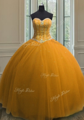 Designer Sequins Ball Gowns Quinceanera Dresses Orange Sweetheart Tulle Sleeveless Floor Length Lace Up