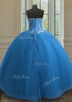 Elegant Tulle Sweetheart Sleeveless Lace Up Beading and Sequins Sweet 16 Quinceanera Dress in Blue