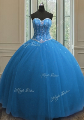 Elegant Tulle Sweetheart Sleeveless Lace Up Beading and Sequins Sweet 16 Quinceanera Dress in Blue