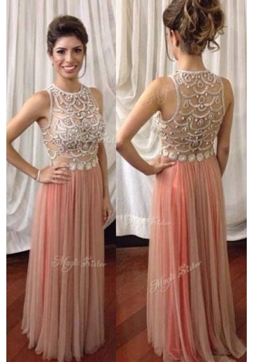 Fashionable Scoop Tulle Sleeveless Floor Length Homecoming Dress and Beading