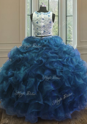 Fitting Clasp Handle Scoop Sleeveless 15 Quinceanera Dress Floor Length Beading and Lace and Ruffles Blue Organza