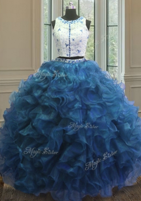 Fitting Clasp Handle Scoop Sleeveless 15 Quinceanera Dress Floor Length Beading and Lace and Ruffles Blue Organza