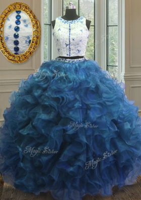 Fitting Clasp Handle Scoop Sleeveless 15 Quinceanera Dress Floor Length Beading and Lace and Ruffles Blue Organza