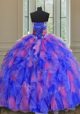 Floor Length Multi-color Ball Gown Prom Dress Organza Sleeveless Beading and Appliques and Ruffles and Sashes|ribbons and Hand Made Flower