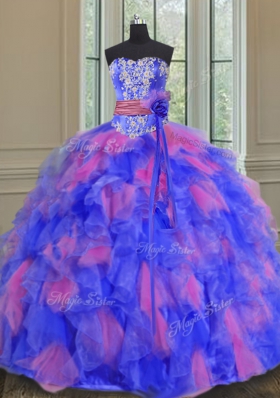 Floor Length Multi-color Ball Gown Prom Dress Organza Sleeveless Beading and Appliques and Ruffles and Sashes|ribbons and Hand Made Flower