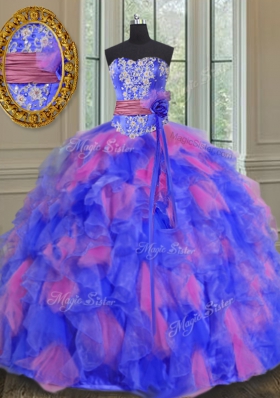 Floor Length Multi-color Ball Gown Prom Dress Organza Sleeveless Beading and Appliques and Ruffles and Sashes|ribbons and Hand Made Flower