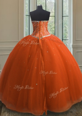 Free and Easy Sequins Orange Red Sleeveless Tulle Lace Up Sweet 16 Dresses for Military Ball and Sweet 16 and Quinceanera