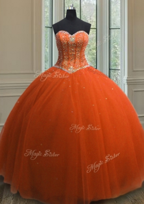 Free and Easy Sequins Orange Red Sleeveless Tulle Lace Up Sweet 16 Dresses for Military Ball and Sweet 16 and Quinceanera