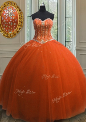 Free and Easy Sequins Orange Red Sleeveless Tulle Lace Up Sweet 16 Dresses for Military Ball and Sweet 16 and Quinceanera