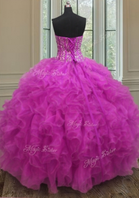 Fuchsia Sleeveless Beading and Ruffles Floor Length Quinceanera Gowns