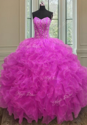 Fuchsia Sleeveless Beading and Ruffles Floor Length Quinceanera Gowns