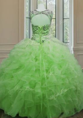 Gorgeous Ball Gowns Scoop Sleeveless Organza Floor Length Lace Up Beading and Ruffles Quinceanera Dress