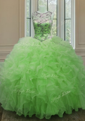 Gorgeous Ball Gowns Scoop Sleeveless Organza Floor Length Lace Up Beading and Ruffles Quinceanera Dress