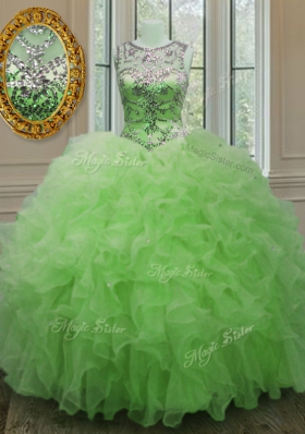 Gorgeous Ball Gowns Scoop Sleeveless Organza Floor Length Lace Up Beading and Ruffles Quinceanera Dress