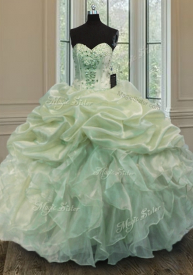 Green Sleeveless Floor Length Beading and Ruffles Lace Up 15 Quinceanera Dress