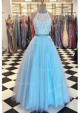 Halter Top Sleeveless Zipper Prom Gown Blue Tulle
