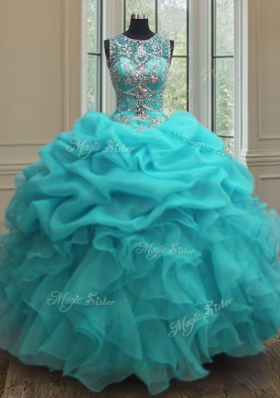 High Quality Floor Length Baby Blue Quinceanera Dress Scoop Sleeveless Lace Up