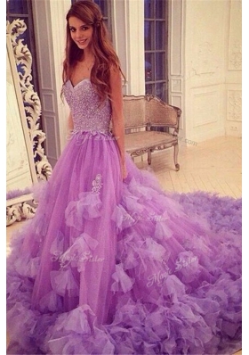 High Quality Lavender Backless Prom Dress Beading and Hand Made Flower Sleeveless With Train Court Train