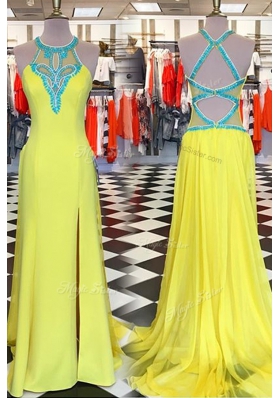 High Quality Scoop With Train Backless Prom Dress Yellow and In for Prom with Beading Sweep Train