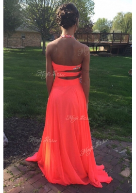 Hot Sale Halter Top With Train Orange Red Dress for Prom Chiffon Sweep Train Sleeveless Beading