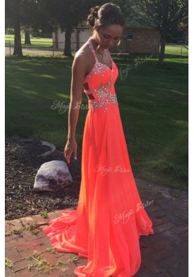 Hot Sale Halter Top With Train Orange Red Dress for Prom Chiffon Sweep Train Sleeveless Beading