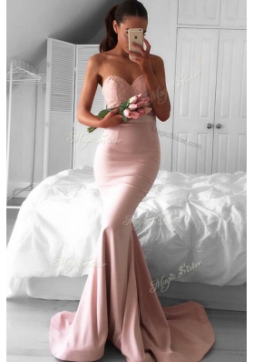 Mermaid Pink Elastic Woven Satin Zipper Prom Dress Sleeveless Sweep Train Lace