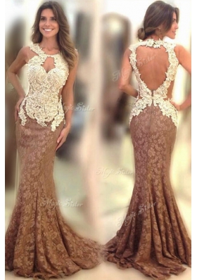 Mermaid Scoop Brown Sleeveless Lace Sweep Train Backless Prom Party Dress for Prom and Party
