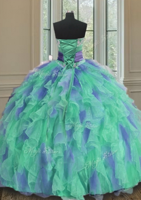 Multi-color Ball Gowns Beading and Appliques and Ruffles and Sashes|ribbons and Hand Made Flower Quinceanera Gown Lace Up Organza Sleeveless Floor Length