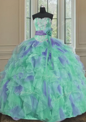 Multi-color Ball Gowns Beading and Appliques and Ruffles and Sashes|ribbons and Hand Made Flower Quinceanera Gown Lace Up Organza Sleeveless Floor Length