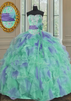 Multi-color Ball Gowns Beading and Appliques and Ruffles and Sashes|ribbons and Hand Made Flower Quinceanera Gown Lace Up Organza Sleeveless Floor Length