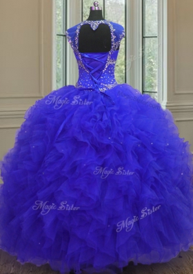 Popular Straps Straps Sequins High Low Ball Gowns Cap Sleeves Blue Quinceanera Dress Lace Up