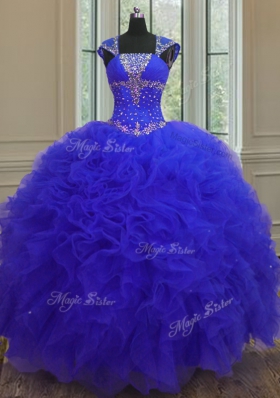 Popular Straps Straps Sequins High Low Ball Gowns Cap Sleeves Blue Quinceanera Dress Lace Up