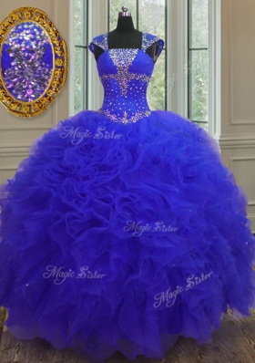 Popular Straps Straps Sequins High Low Ball Gowns Cap Sleeves Blue Quinceanera Dress Lace Up