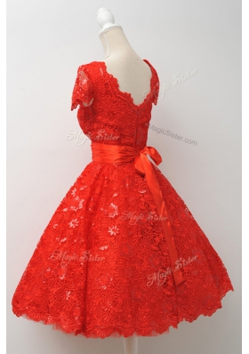 Red A-line Scalloped Cap Sleeves Lace Knee Length Zipper Sashes|ribbons Dress for Prom