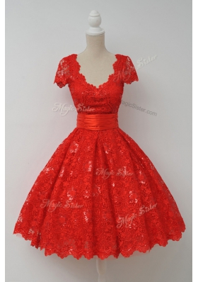 Red A-line Scalloped Cap Sleeves Lace Knee Length Zipper Sashes|ribbons Dress for Prom