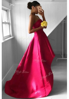 Sleeveless Satin Asymmetrical Zipper Prom Gown in Fuchsia for with Pleated