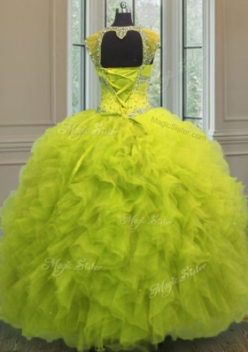 Straps Straps Beading and Ruffles and Sequins Quince Ball Gowns Yellow Green Lace Up Cap Sleeves Floor Length