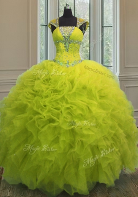 Straps Straps Beading and Ruffles and Sequins Quince Ball Gowns Yellow Green Lace Up Cap Sleeves Floor Length