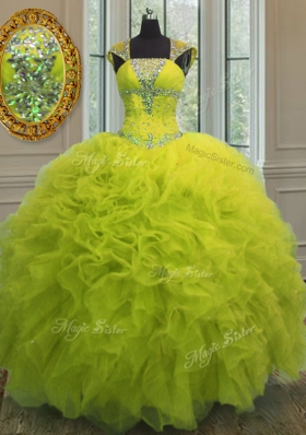 Straps Straps Beading and Ruffles and Sequins Quince Ball Gowns Yellow Green Lace Up Cap Sleeves Floor Length