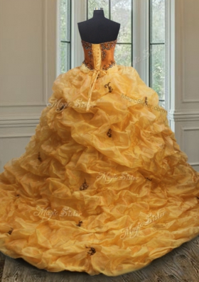 With Train Orange Ball Gown Prom Dress Organza Court Train Sleeveless Beading and Appliques and Pick Ups