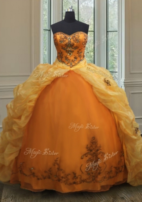 With Train Orange Ball Gown Prom Dress Organza Court Train Sleeveless Beading and Appliques and Pick Ups