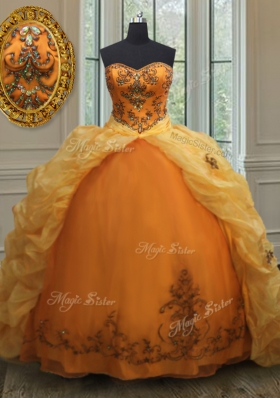 With Train Orange Ball Gown Prom Dress Organza Court Train Sleeveless Beading and Appliques and Pick Ups