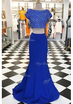 With Train Royal Blue Dress for Prom Elastic Woven Satin Sweep Train Short Sleeves Beading