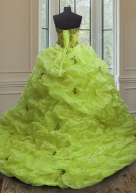 Charming Yellow Green Quinceanera Dresses Military Ball and Sweet 16 and Quinceanera and For with Beading and Appliques and Pick Ups Sweetheart Sleeveless Court Train Lace Up