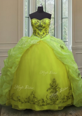 Charming Yellow Green Quinceanera Dresses Military Ball and Sweet 16 and Quinceanera and For with Beading and Appliques and Pick Ups Sweetheart Sleeveless Court Train Lace Up